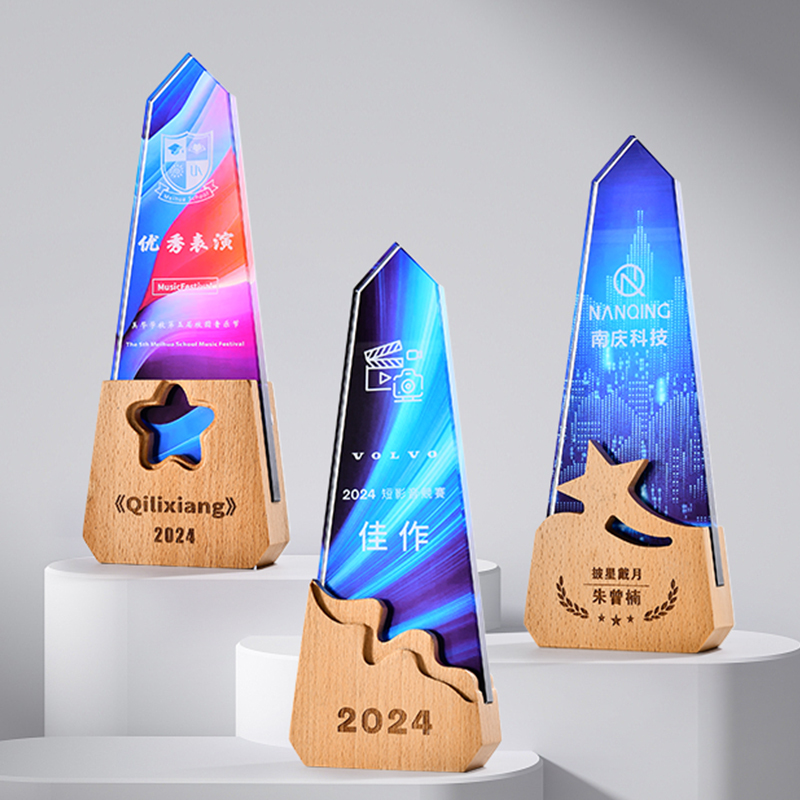Wooden Stand with Clear Crystal Glass Colorful Print Business Award Trophy Crystal Color