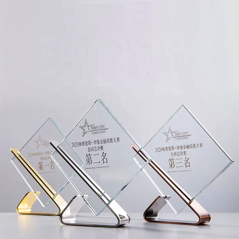 Gold Silver Copper Metal Crystal Awards Laser Engraved Personalized Glass Trophies and Awards