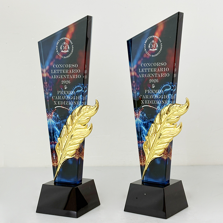Gold Metal Feather Full Color Printing Optical Crystal Glass Trophy MH-LJ0631