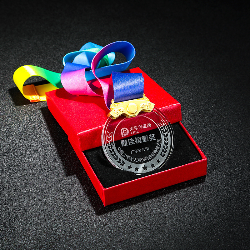 2D Engraved UV Printed Fashion Crystal Medals Round Ornament with Custom Logo for Sport Event Souvenirs Gift Box