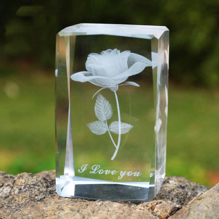 Wholesale Customize Rose Flowers 3d Laser Crystal Glass Cube Wedding Favors