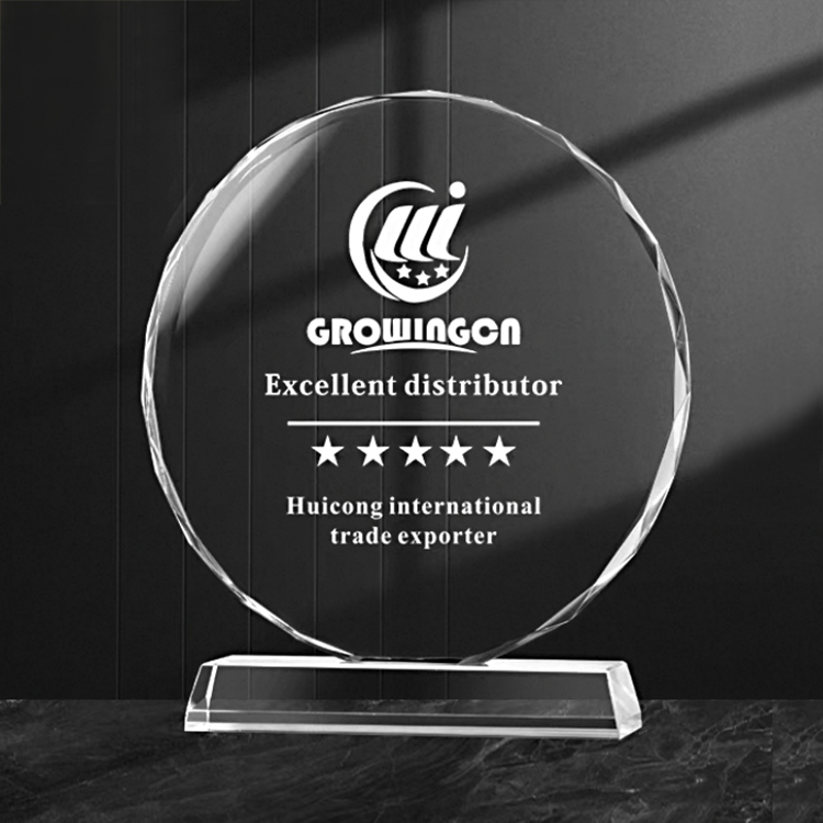 Custom Handmade Green Octagon Round Blank Crystal K9 Glass Photo Frame Trophy Award with Wooden Base for Laser Engraving