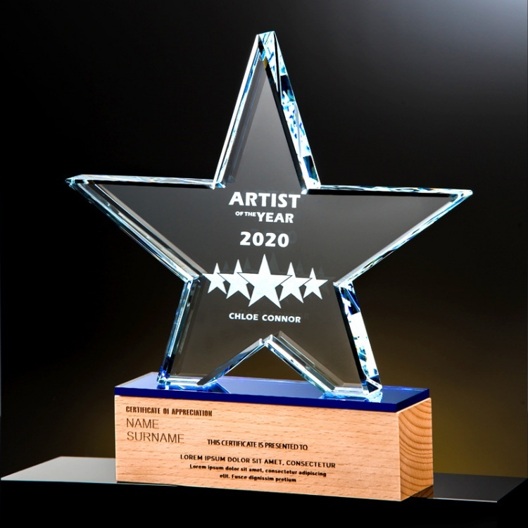 Premium Glitter Wooden Crystal Trophy   Star Award Plaque - Outstanding Employee Recognition for Corporate Annual Events