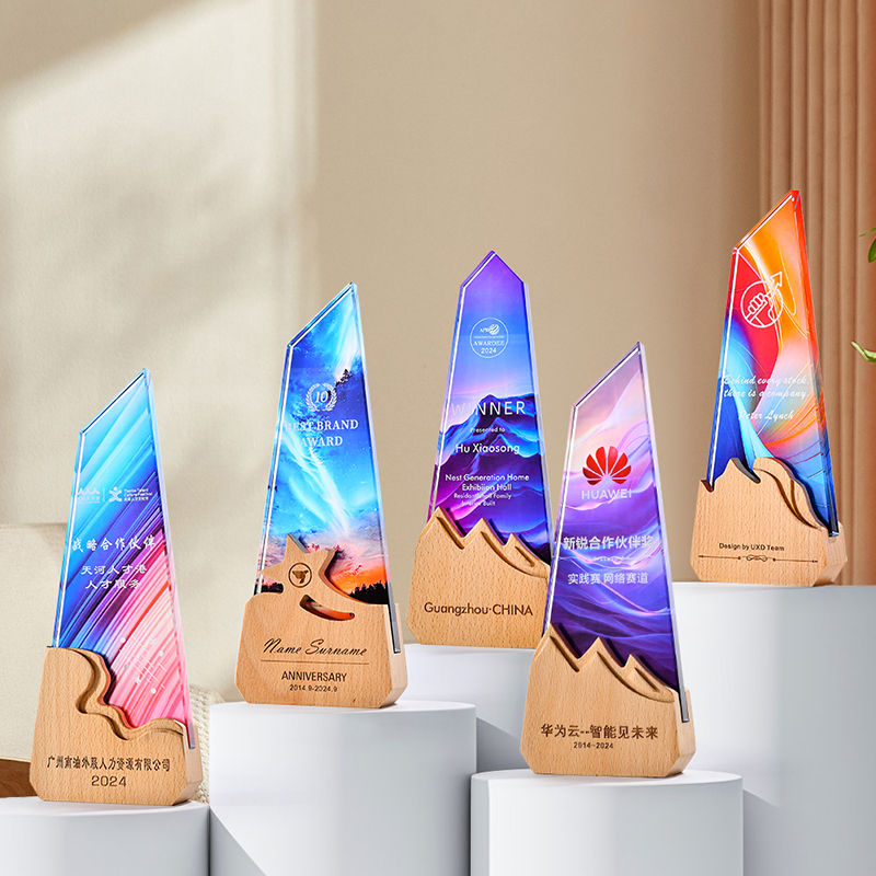 Wooden Stand with Clear Crystal Glass Colorful Print Business Award Trophy Crystal Color