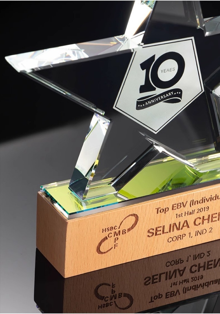 Premium Glitter Wooden Crystal Trophy   Star Award Plaque - Outstanding Employee Recognition for Corporate Annual Events