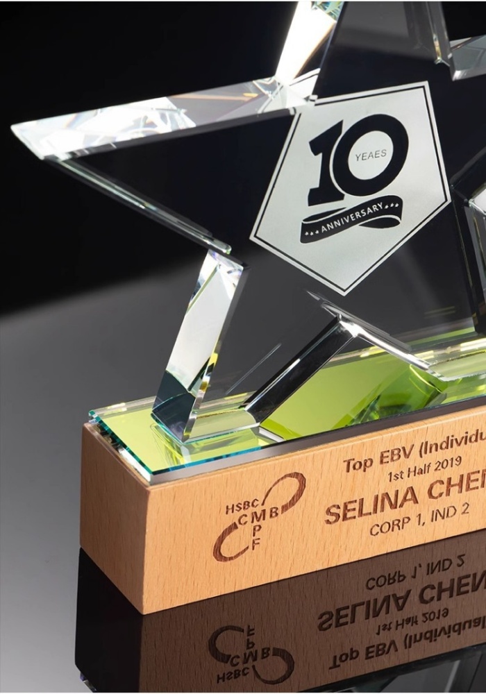 Premium Glitter Wooden Crystal Trophy   Star Award Plaque - Outstanding Employee Recognition for Corporate Annual Events