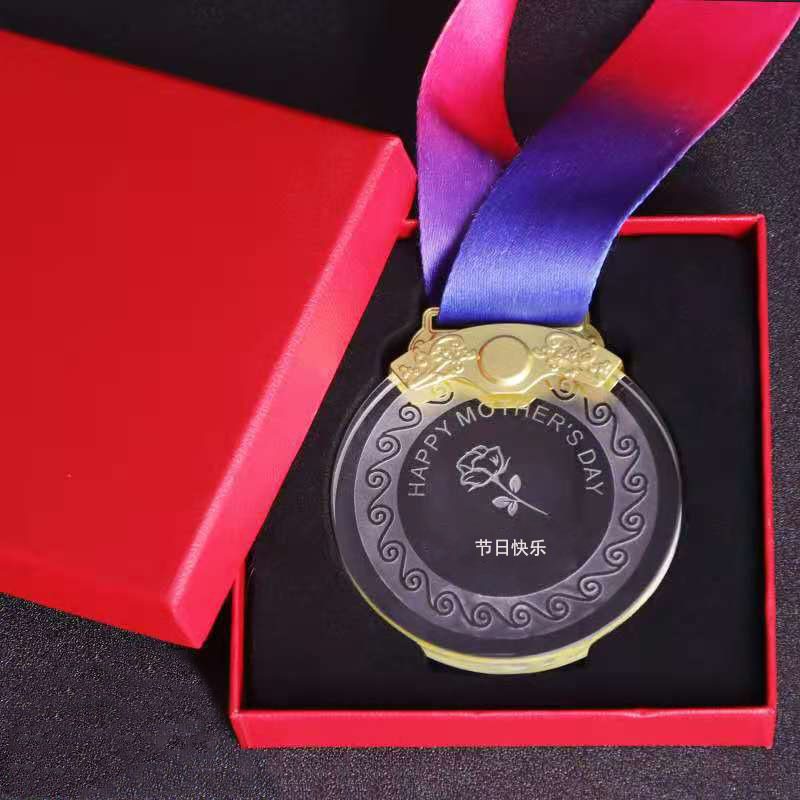 2D Engraved UV Printed Fashion Crystal Medals Round Ornament with Custom Logo for Sport Event Souvenirs Gift Box