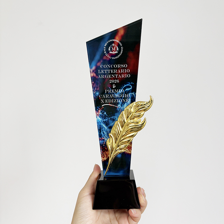 Gold Metal Feather Full Color Printing Optical Crystal Glass Trophy MH-LJ0631