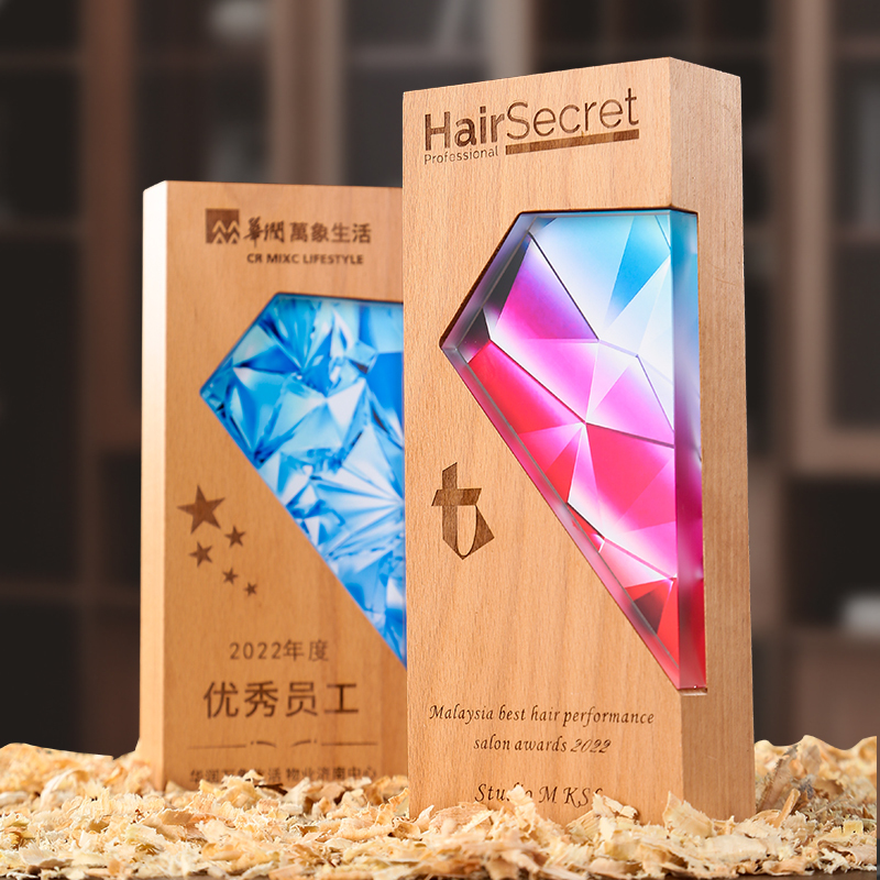 Customized Wood Crystal Trophy Fashion Printed Souvenirs Company Anniversary Glass Trophy Colorful Printed Trophies Plaques