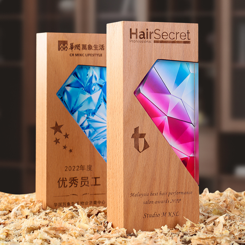 Customized Wood Crystal Trophy Fashion Printed Souvenirs Company Anniversary Glass Trophy Colorful Printed Trophies Plaques