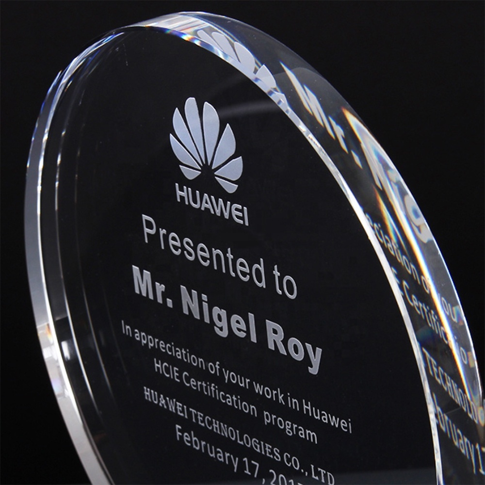 Pujiang Factory Hot Sale K9 Glass Laser Engraving Custom Blank Round Plaque Crystal Trophy Awards Business Events