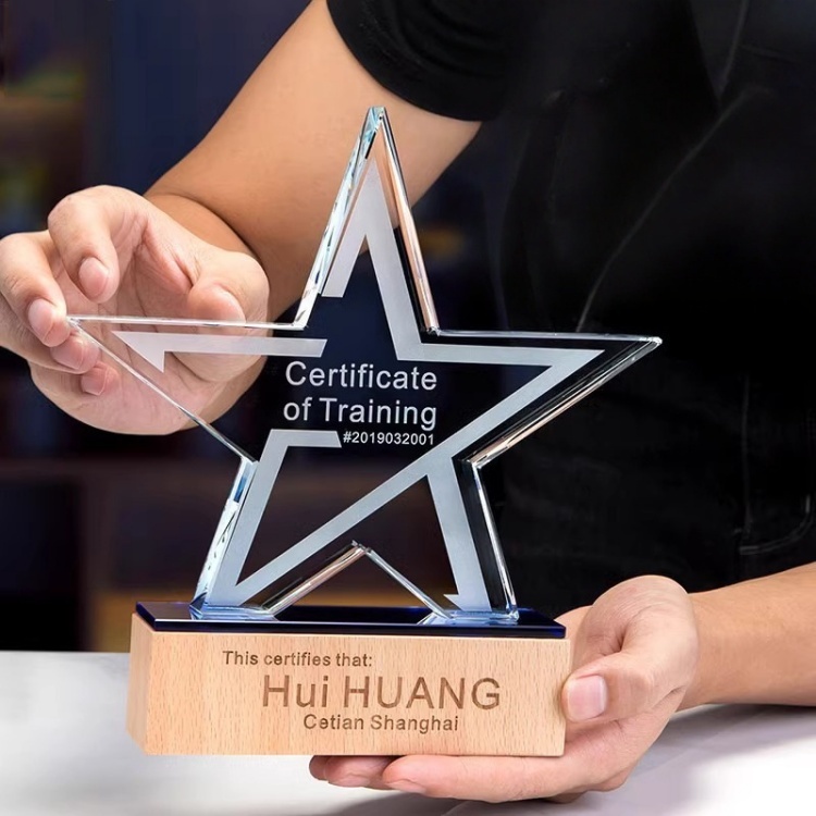 Premium Glitter Wooden Crystal Trophy   Star Award Plaque - Outstanding Employee Recognition for Corporate Annual Events