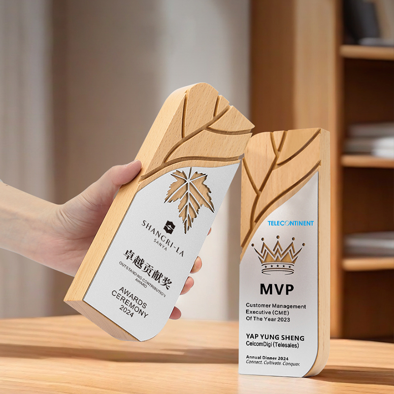 Antique Style UV Printed Wood & Crystal Award Trophy with Engraving Sports Business Gift