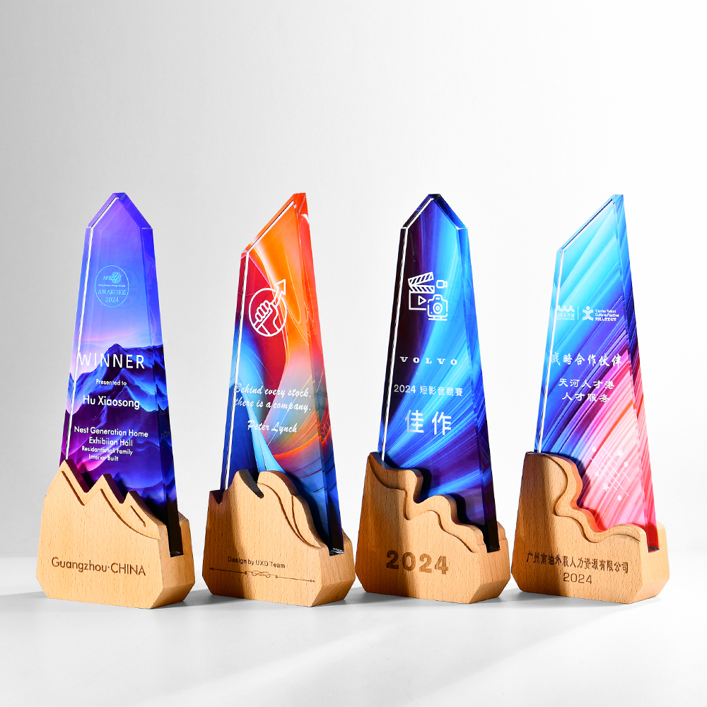 Wooden Stand with Clear Crystal Glass Colorful Print Business Award Trophy Crystal Color