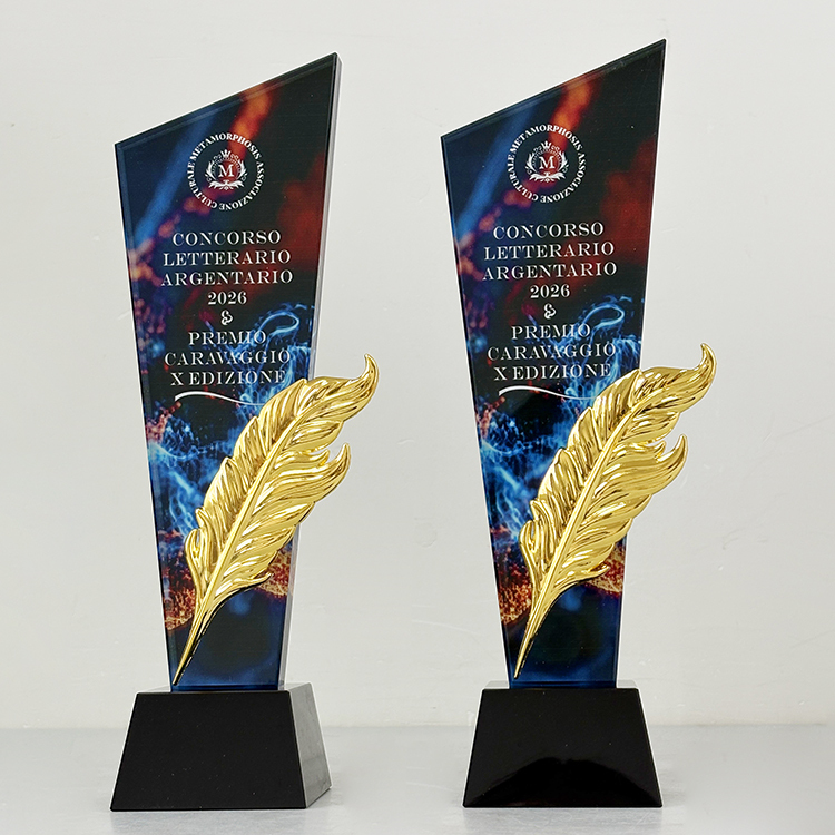 Gold Metal Feather Full Color Printing Optical Crystal Glass Trophy MH-LJ0631