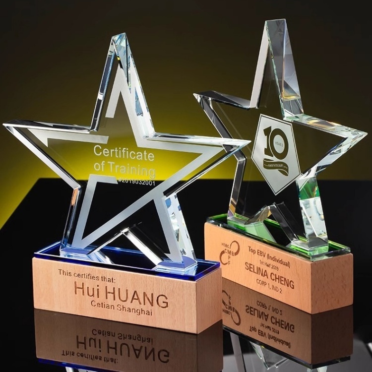 Premium Glitter Wooden Crystal Trophy   Star Award Plaque - Outstanding Employee Recognition for Corporate Annual Events