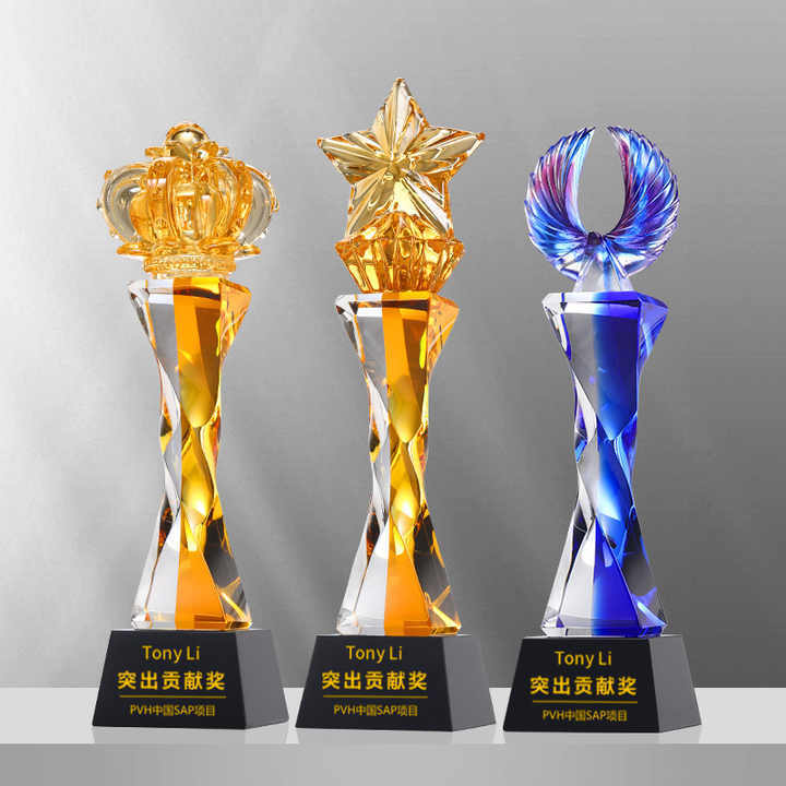 Custom Made Crystal Liuli Trophy with UV Printing Polished Amber Crown Engraved Design TV & Movie Character Theme