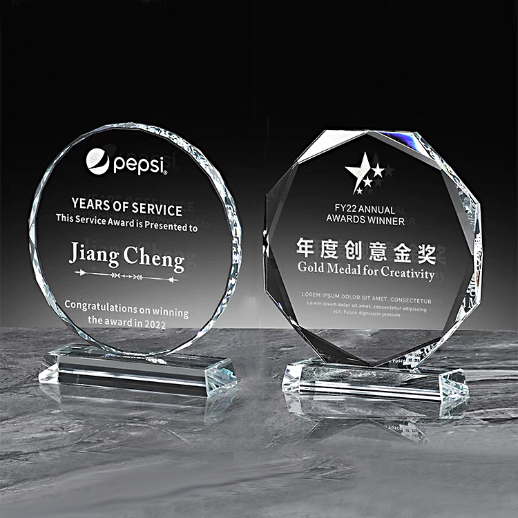 Custom Handmade Green Octagon Round Blank Crystal K9 Glass Photo Frame Trophy Award with Wooden Base for Laser Engraving