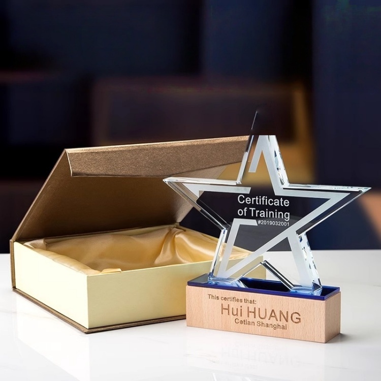 Premium Glitter Wooden Crystal Trophy   Star Award Plaque - Outstanding Employee Recognition for Corporate Annual Events