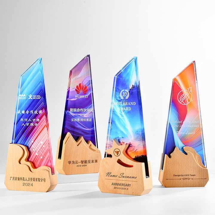 Wooden Stand with Clear Crystal Glass Colorful Print Business Award Trophy Crystal Color