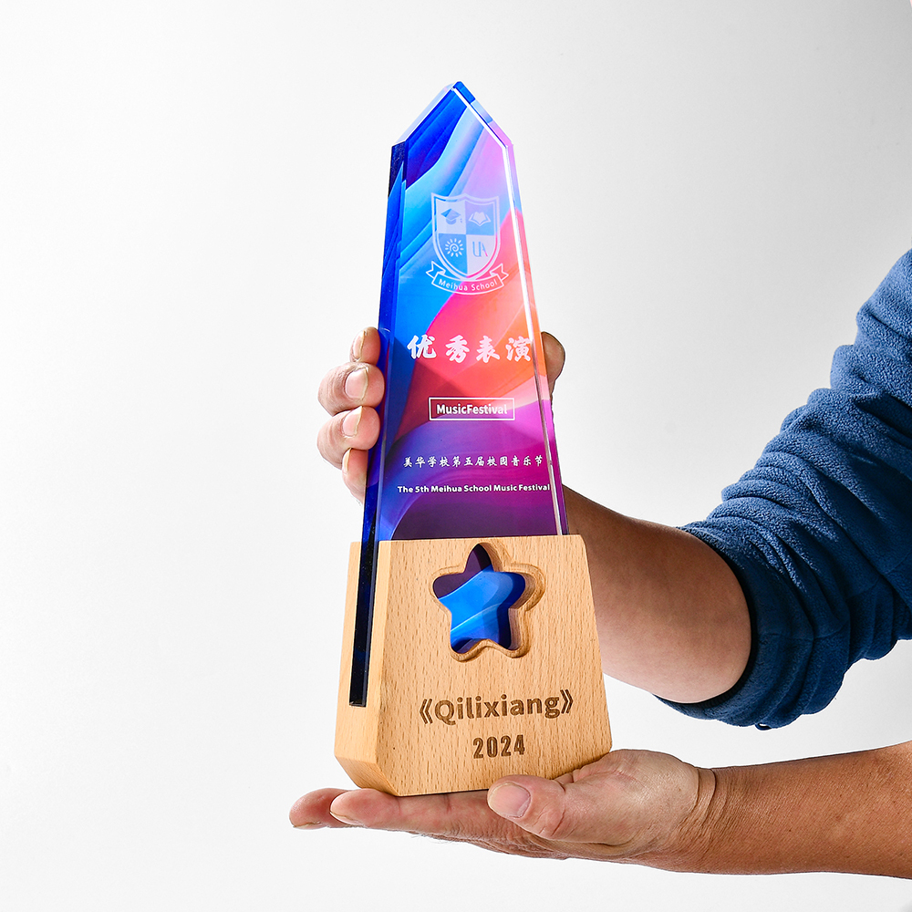 Wooden Stand with Clear Crystal Glass Colorful Print Business Award Trophy Crystal Color