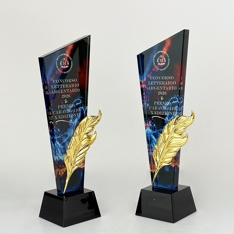 Gold Metal Feather Full Color Printing Optical Crystal Glass Trophy MH-LJ0631