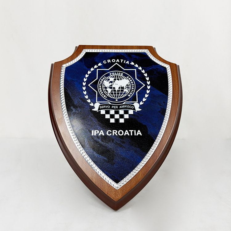20x25cm Shield Shape Wooden Certificate Award with Silver Blue Metal Plate MH-LJ0752