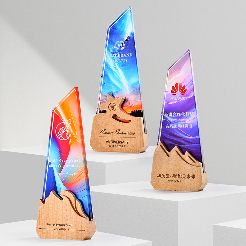Wooden Stand with Clear Crystal Glass Colorful Print Business Award Trophy Crystal Color