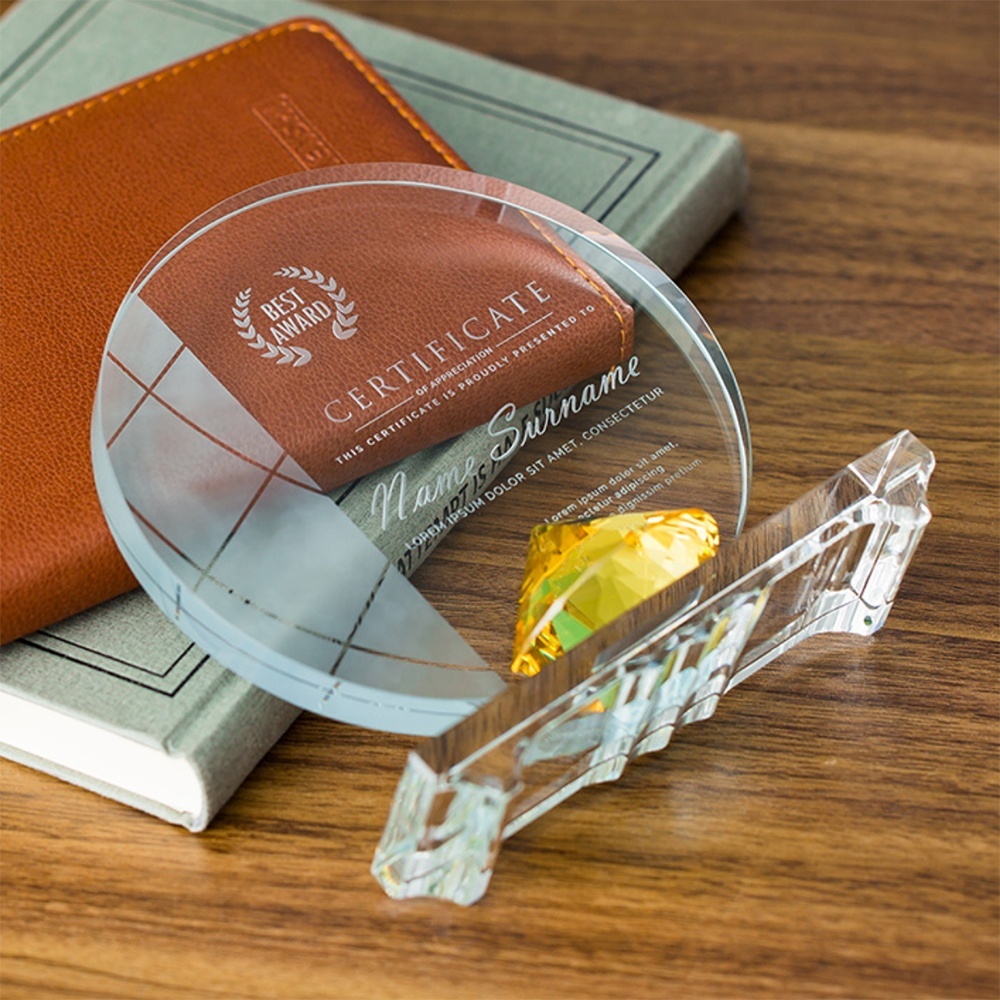 Pujiang Factory Hot Sale K9 Glass Laser Engraving Custom Blank Round Plaque Crystal Trophy Awards Business Events