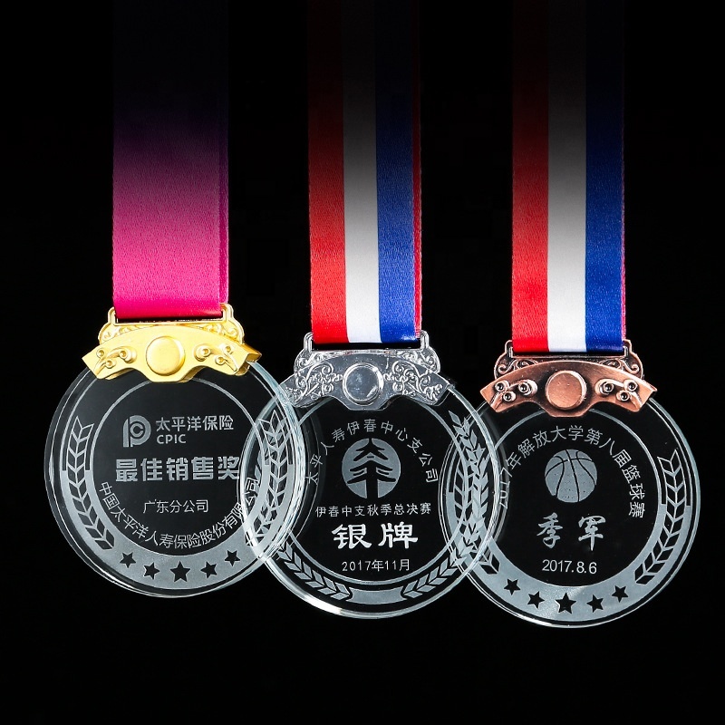 2D Engraved UV Printed Fashion Crystal Medals Round Ornament with Custom Logo for Sport Event Souvenirs Gift Box