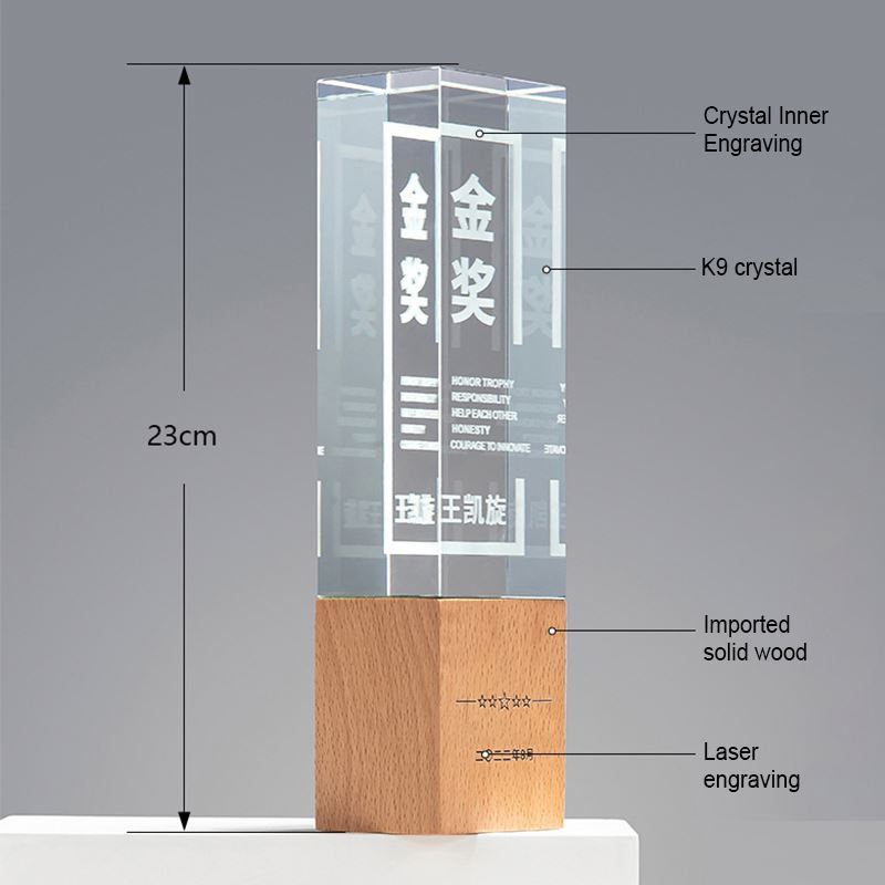 Hot Sale Clear Crystal Trophy With Wooden Base Custom Logo for Graduation Trophy Award