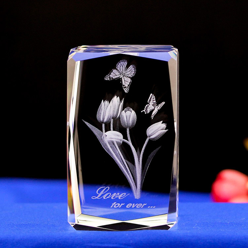 Wholesale Customize Rose Flowers 3d Laser Crystal Glass Cube Wedding Favors