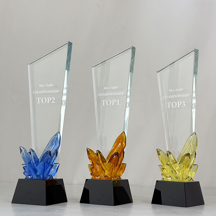 New Design Amber Blue Yellow Diamond Crystal Glass Awards Plaque Trophy MH-LJ0604