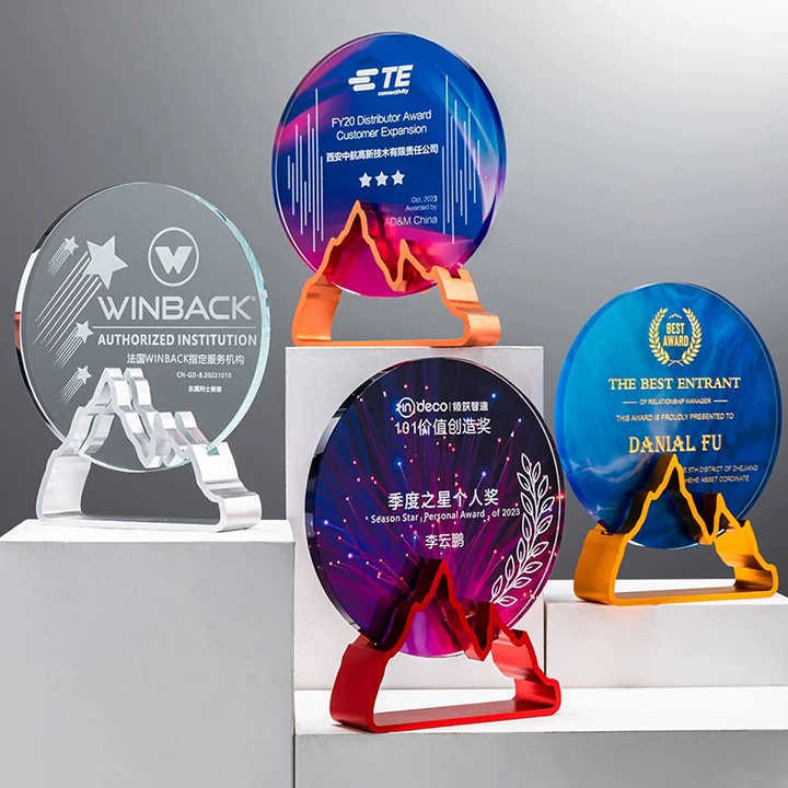 Trophy Factory Wholesale Gold Silver Copper Colorful Metal Base Round Blank Crystal Glass Trophy Award Plaque