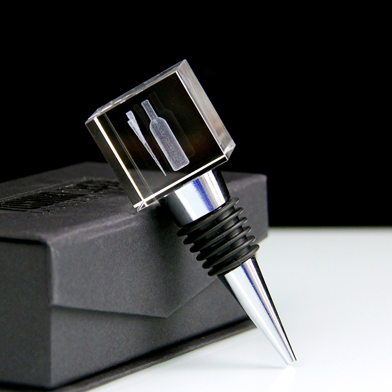 Popular Crystal Glass Cube With Laser Engraved Logo for Wine Bottle Stopper Champagne Bottle Stoppers Custom