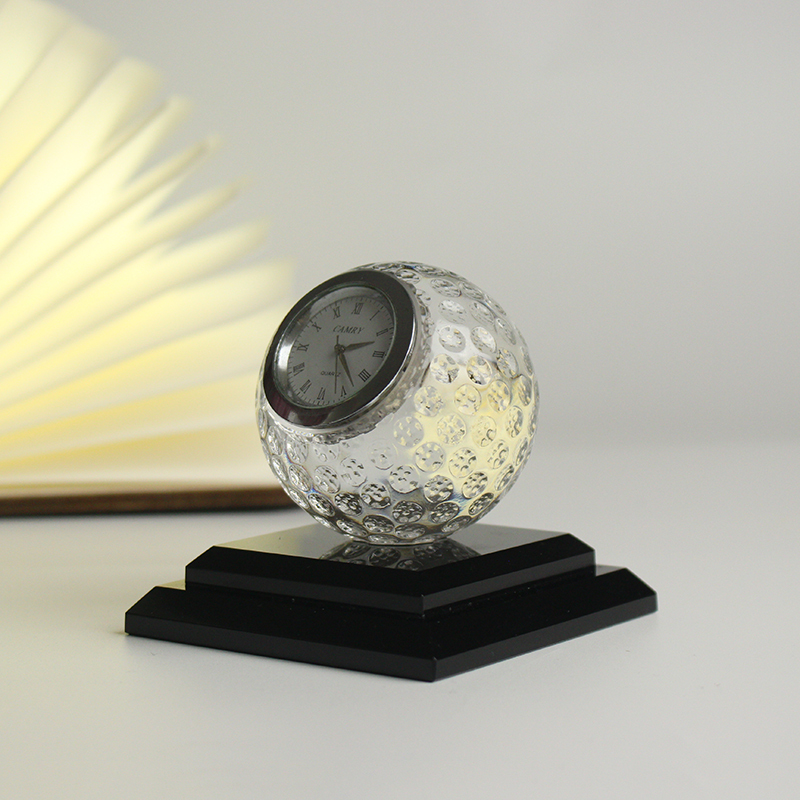 Fashion Crystal Glass Golf Ball Desk Clock for Office Gift Decoration