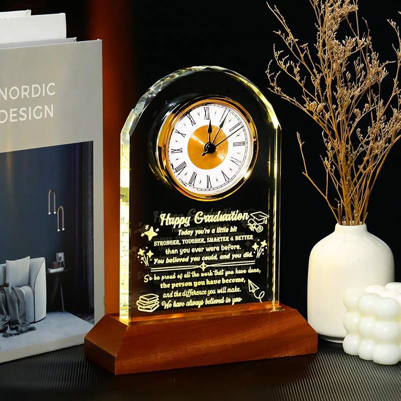 Luxury Quartz Crystal Engravable Table Clock Thank You Gifts Glass Office Desk Clock Awards Plaque With Wooden LED Light Base