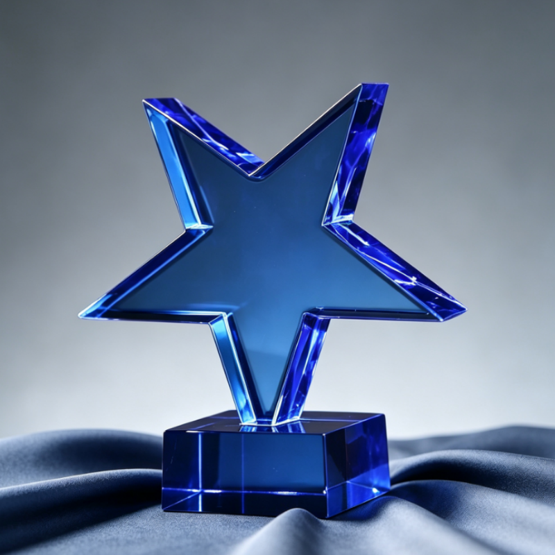 Cheap Wholesale Blue Star Crystal Trophy Custom Logo UV Printing Personalized Crystal Star Award Factory Customizable