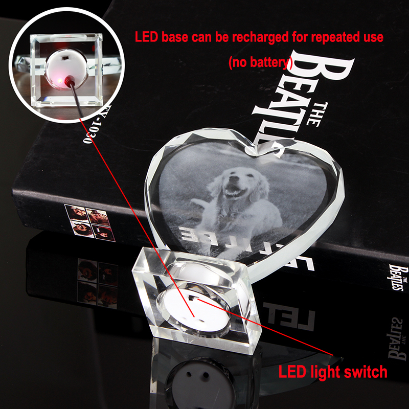 Unique Personalized Picture Etched Engraved Crystal Heart Engraved Photo Prize With LED Light Base