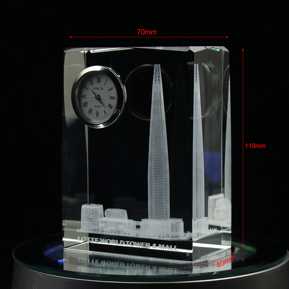 Unique Promotional Souvenirs Desk Crystal Glass Office Clock With Custom Buildings Logo