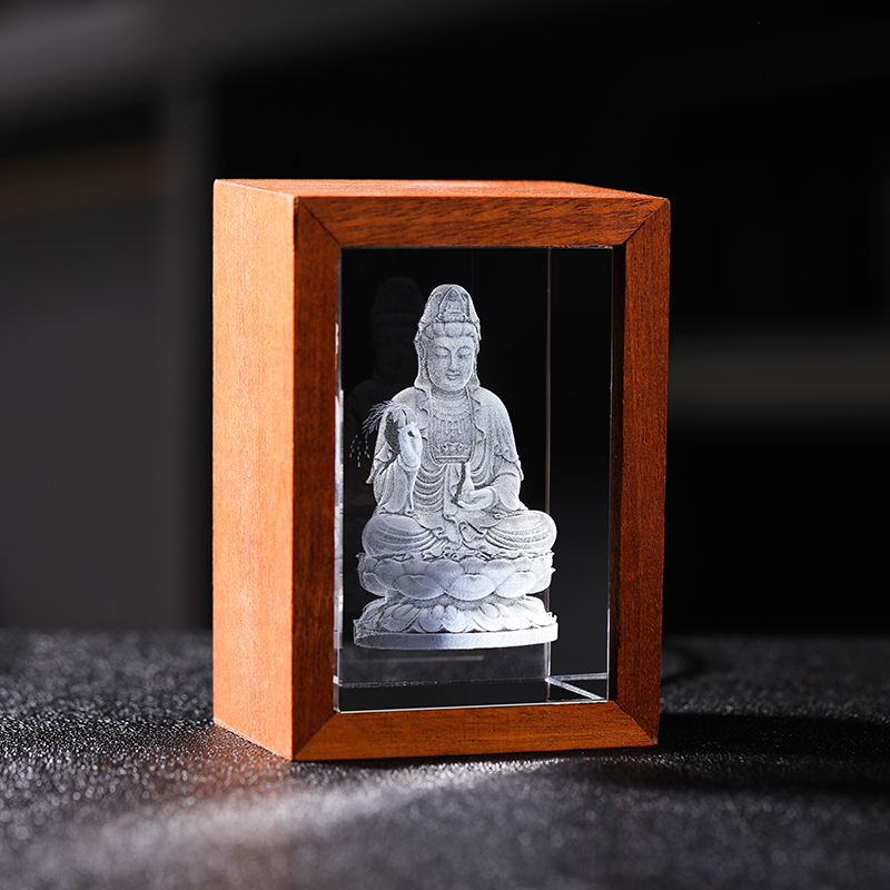 Custom Religious Crystal Crafts 3D Laser Engrave Buddha Statue Photos Crystal Cube With LED Wooden Frame Base