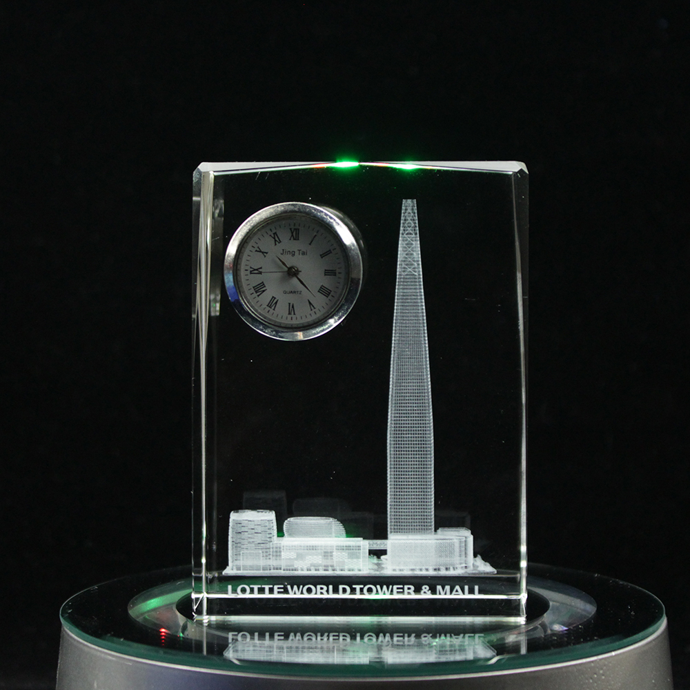 Unique Promotional Souvenirs Desk Crystal Glass Office Clock With Custom Buildings Logo