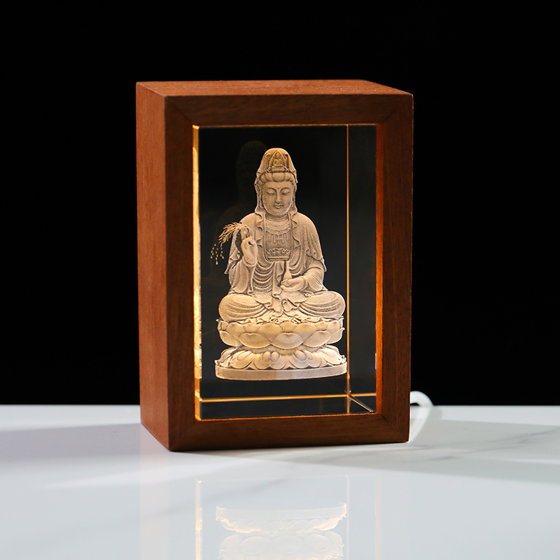 Custom Religious Crystal Crafts 3D Laser Engrave Buddha Statue Photos Crystal Cube With LED Wooden Frame Base