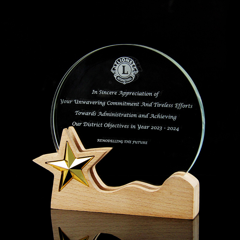 2025 Hot Sale Colorful Crystal Round Shape Trophy Medal Engraved Wooden Base With Gold Metal Star Honor Award Custom