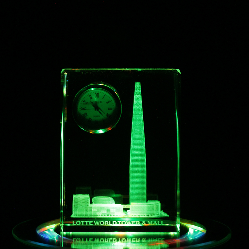 Unique Promotional Souvenirs Desk Crystal Glass Office Clock With Custom Buildings Logo