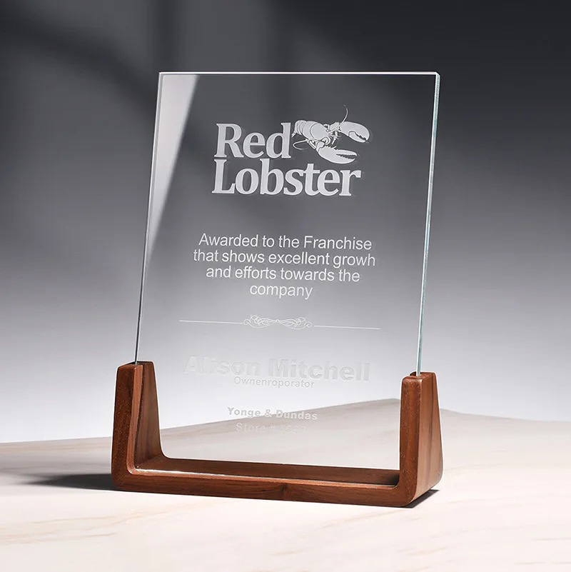 Cheap Customized Glass Wood Shield Trophy UV Printing Awards Blank Plaque With Wooden Base