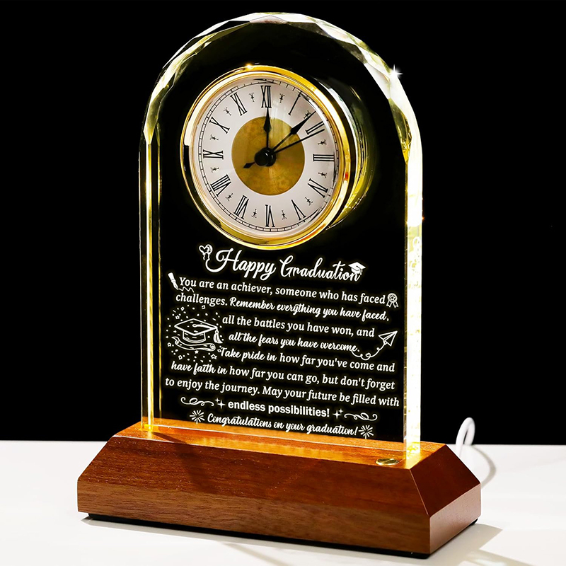 Luxury Quartz Crystal Engravable Table Clock Thank You Gifts Glass Office Desk Clock Awards Plaque With Wooden LED Light Base