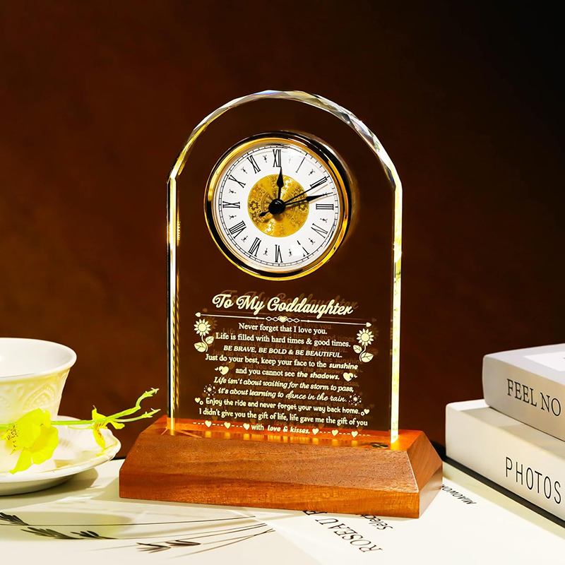 Luxury Quartz Crystal Engravable Table Clock Thank You Gifts Glass Office Desk Clock Awards Plaque With Wooden LED Light Base