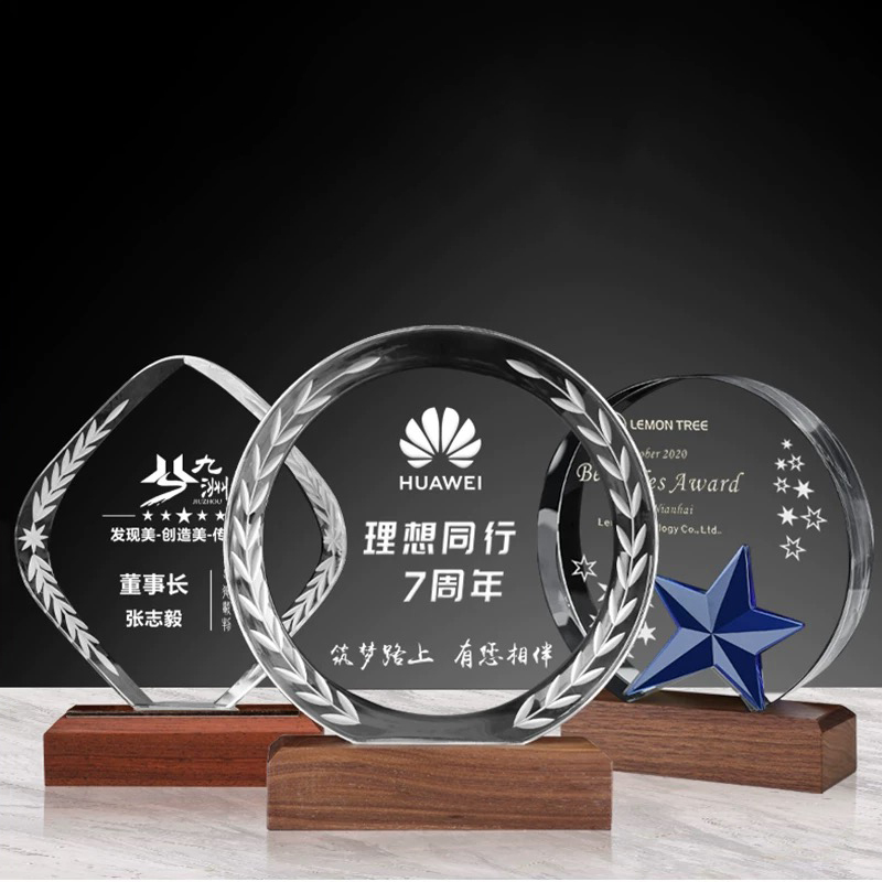 Trophy Manufacturer Company  Wholesale  Blank Wood Award Plaques Crystal Awards Trophies Crystal Glass Wooden Base Trophy