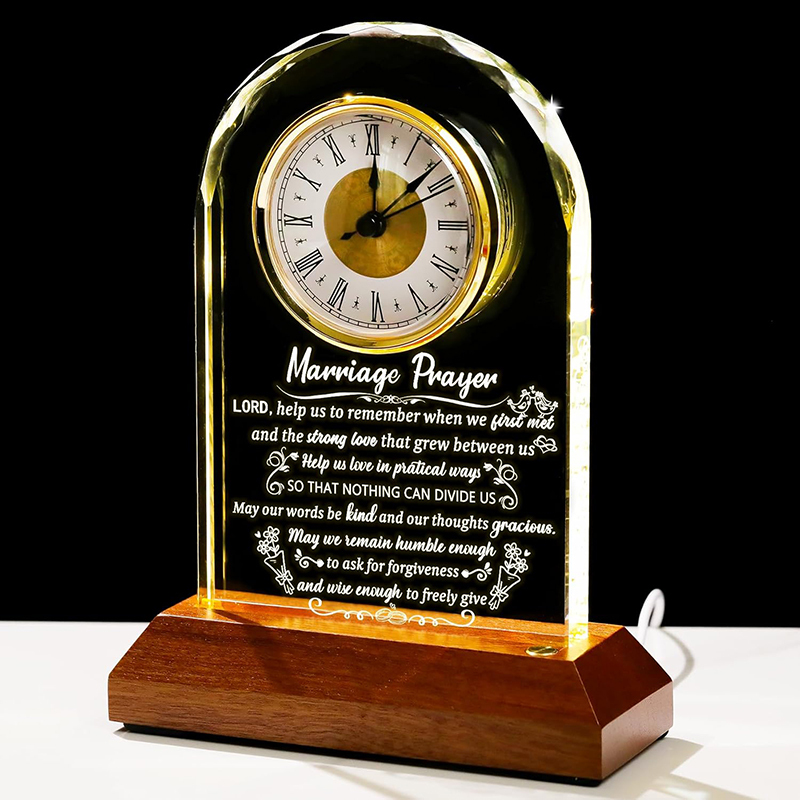 Luxury Quartz Crystal Engravable Table Clock Thank You Gifts Glass Office Desk Clock Awards Plaque With Wooden LED Light Base